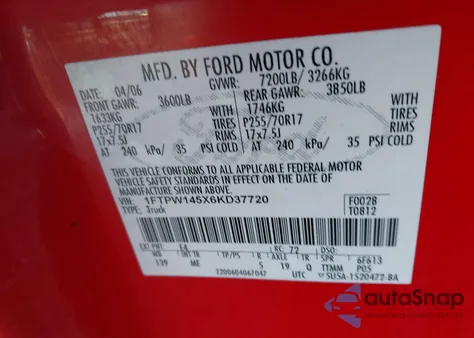 2006 Ford F-150 Fx4/Lariat/Xlt from USA, damaged, VIN 1FTPW145X6KD37720